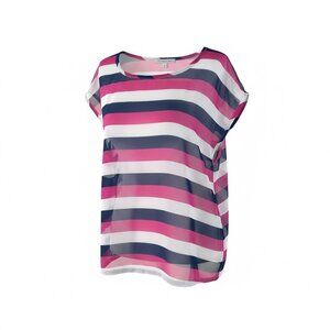 TULLE Womens Striped Sheer Top Blouse Medium Pink White Navy Back Button Resort